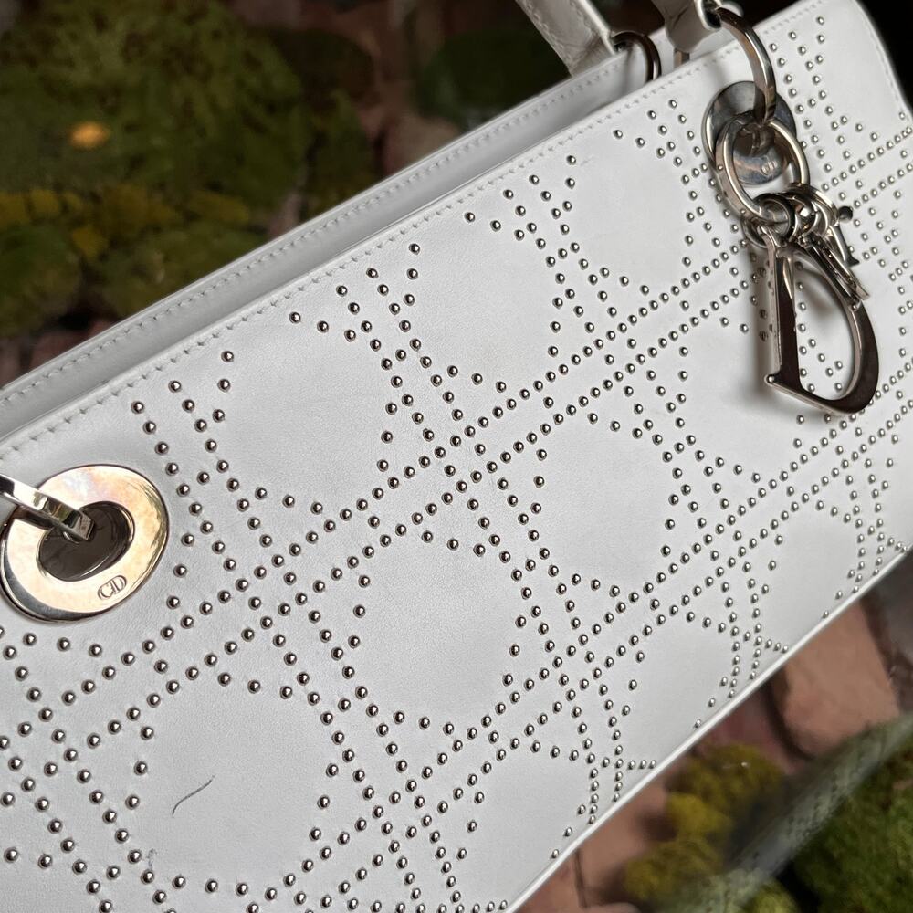 DIOR Lady Dior East West White Calfskin Leather Studded Tote Bag - Picture 7 of 16